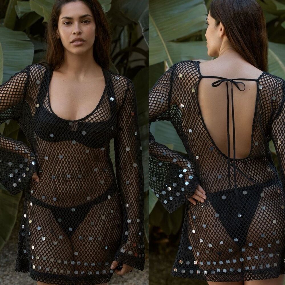 Celandine Black Sequin Fishnet Mini Dress Cover-Up Size M NWT Anthropologie